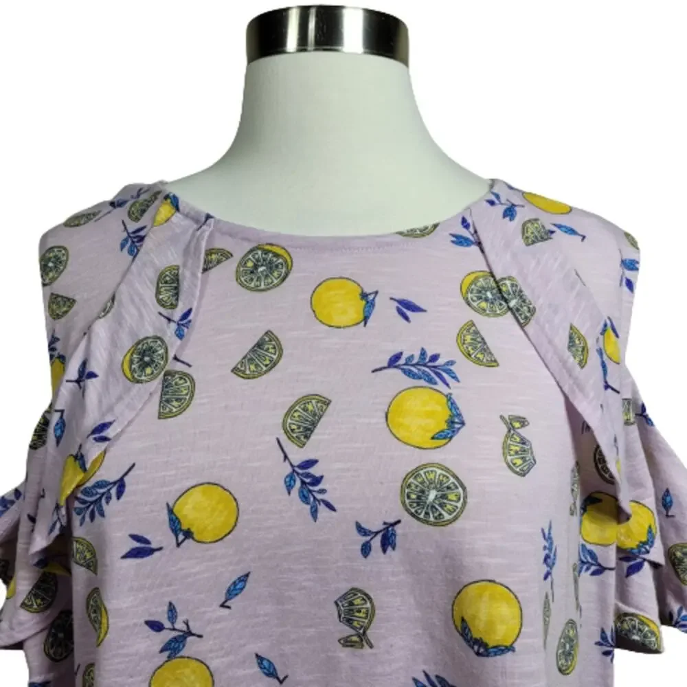 Juicy Couture Women's Lemon Print Purple Combo Ruffle Cold-Shoulder Top Size XL - Picture 5 of 8